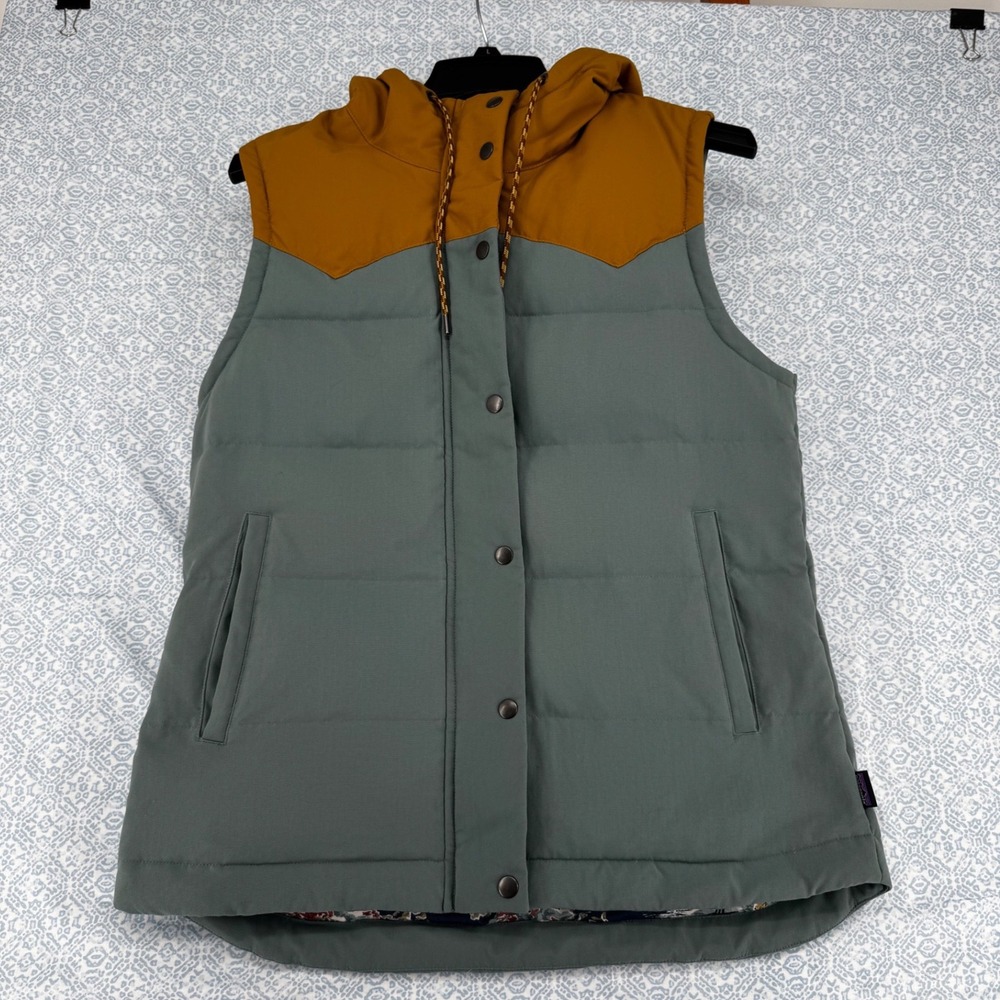 Patagonia Bivy Hooded Vest Womens Medium Sage Green Mustard Down Puffer 27746